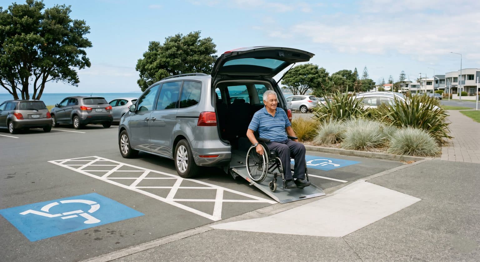 A man in a wheelchair coming down the ramp of his van, parked in a mobility park by the sea.
