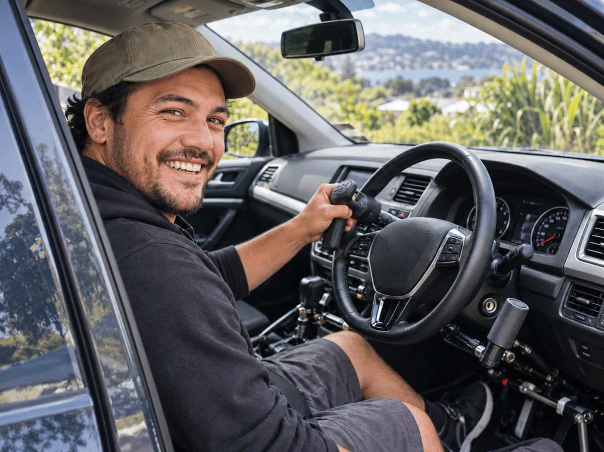 A smiling man in a cap sits in the driver’s seat of a car fitted with hand controls, one hand on a spinner knob on the steering wheel.